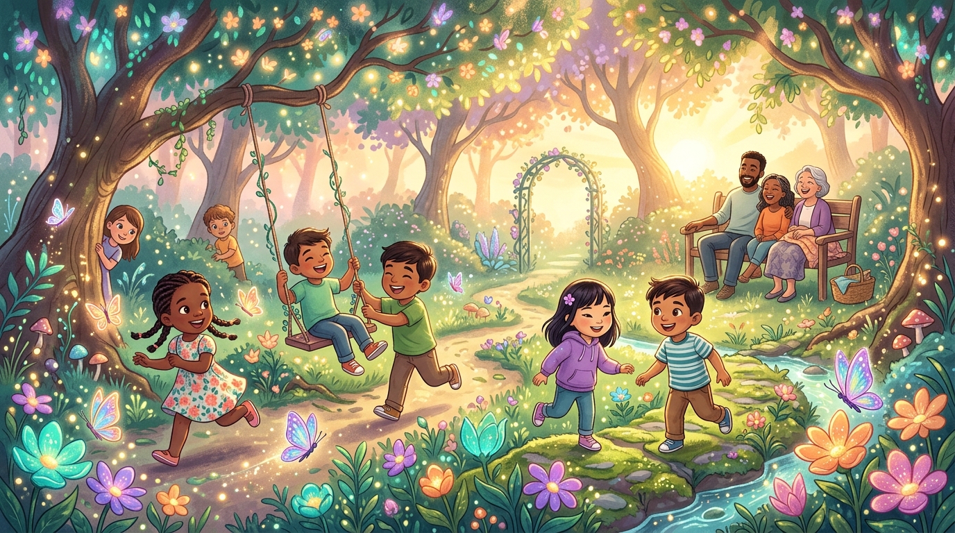 Happy diverse children playing in a magical garden